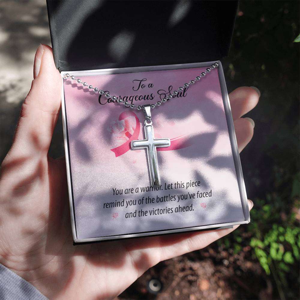 To a Courageous Soul - Cross Necklace - Breast Cancer Awareness